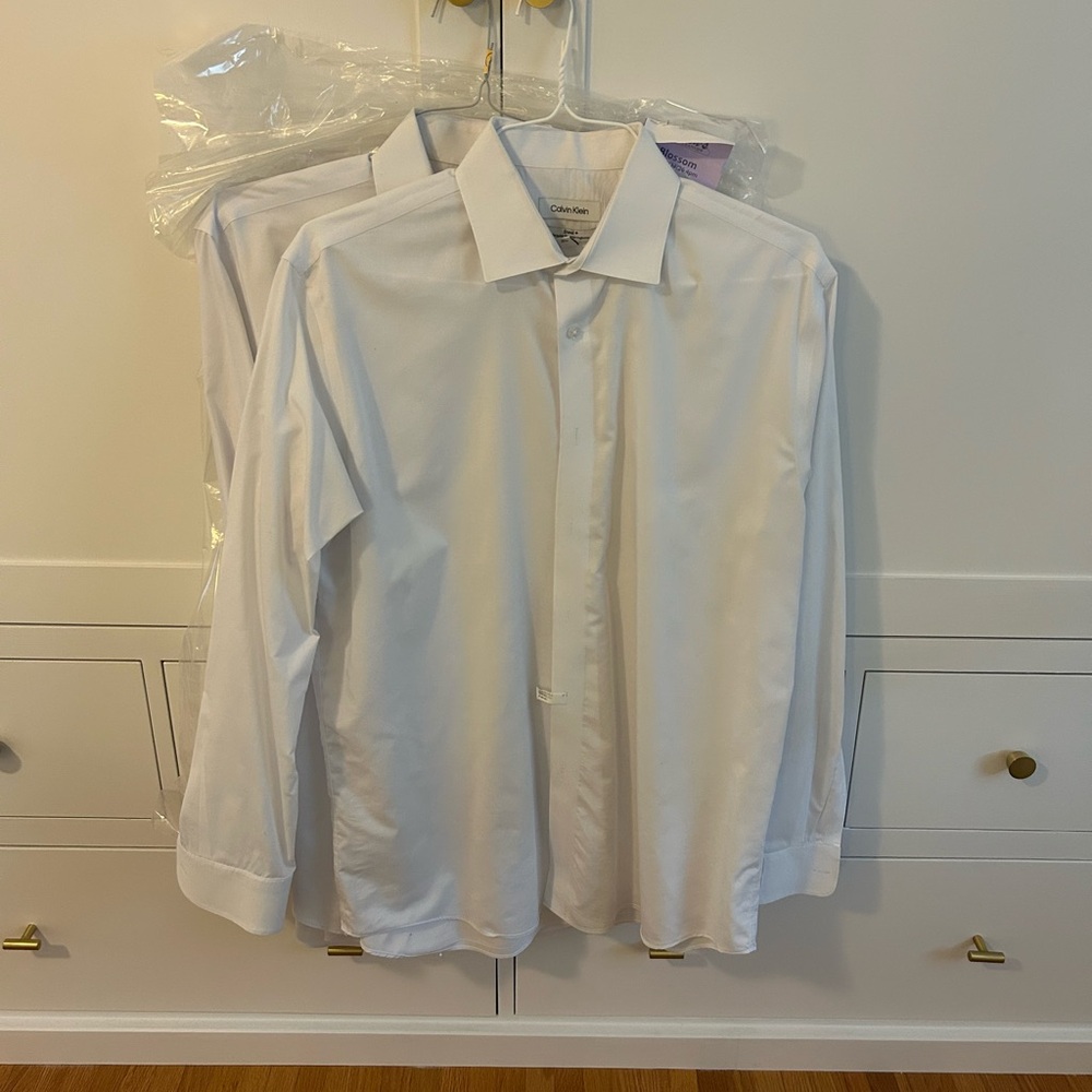 Calvin Klein Steel+ Herringbone Men's White Long-Sleeve Button-Down Dress Shirt